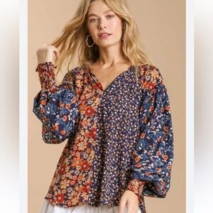 UMGEE Womens Floral Mixed Print Boho Top Size 1X Navy Long Sleeve V Neck
